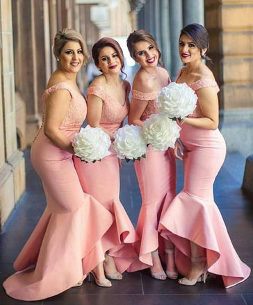 Elegant Baby Pink Mermaid Off the shoulder Ruffles Lace Top Bridesmaid Dresses IND64