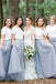 A Line Short Sleeves White Top Gray Long Tulle Bridesmaid Dresses ING51