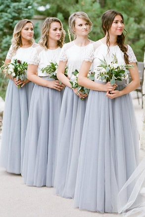 A Line Short Sleeves White Top Gray Long Tulle Bridesmaid Dresses ING51