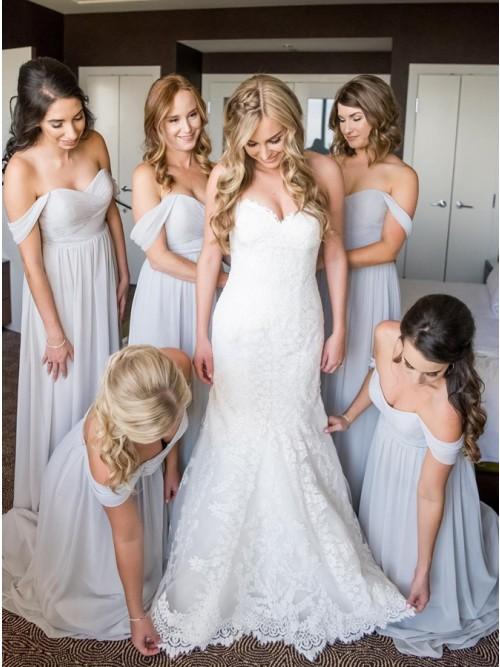 A-Line Off-the-Shoulder Light Grey Ruched Chiffon Long Bridesmaid Dresses INS45