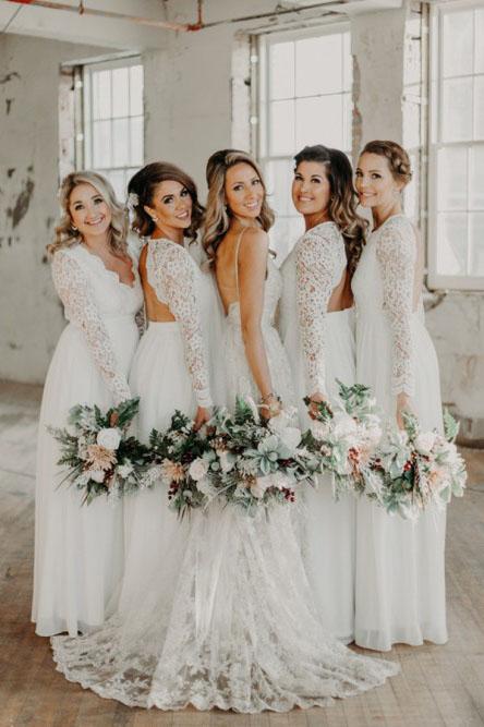 A-Line Open Back Long Sleeves Chiffon Long Bridesmaid Dresses with Lace INS39