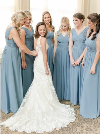 A-Line V-Neck Floor-Length Dusty Blue Chiffon Simple Bridesmaid Dresses with Ruched INS40