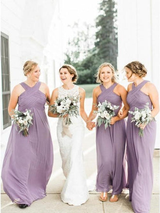 A-Line Floor-Length Lilac Chiffon Pleated Cheap Bridesmaid Dresses INS44