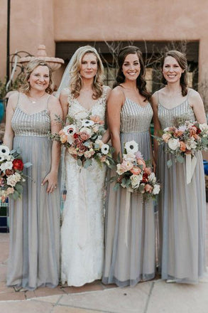 A-Line Spaghetti Straps Floor-Length Grey Chiffon Bridesmaid Dresses with Sequins INS43
