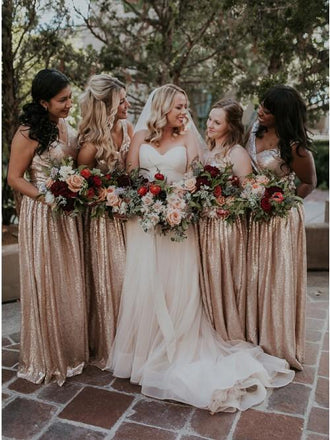 A-Line V-Neck Floor-Length Rose Pink Sequined Bridesmaid Dresses INS42