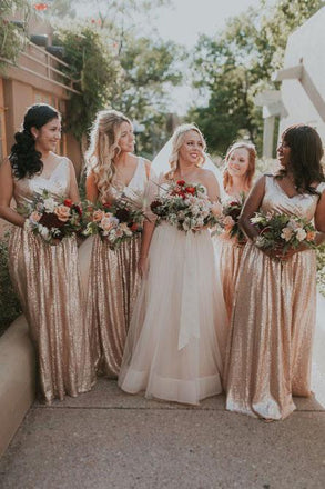 A-Line V-Neck Floor-Length Rose Pink Sequined Bridesmaid Dresses INS42