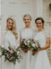 A-Line Short Sleeves Hi-Low Off White Satin Bridesmaid Dresses with Lace INR88