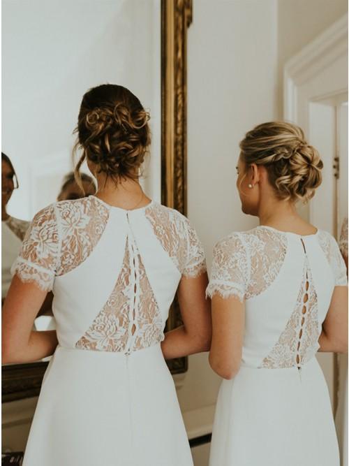 A-Line Short Sleeves Hi-Low Off White Satin Bridesmaid Dresses with Lace INR88