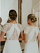 A-Line Short Sleeves Hi-Low Off White Satin Bridesmaid Dresses with Lace INR88