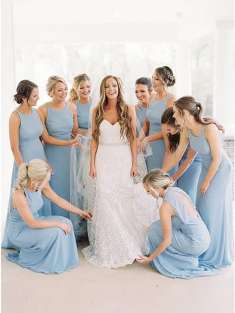 A-Line Round Neck Floor-Length Sky Blue Chiffon Bridesmaid Dresses INR90