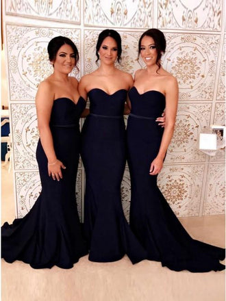 Mermaid Sweetheart Sweep Train Navy Blue Long Bridesmaid Dresses INR92