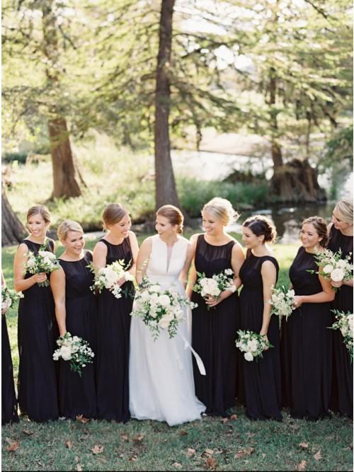 A-Line Round Neck Floor-Length Navy Blue Chiffon Bridesmaid Dresses INR93