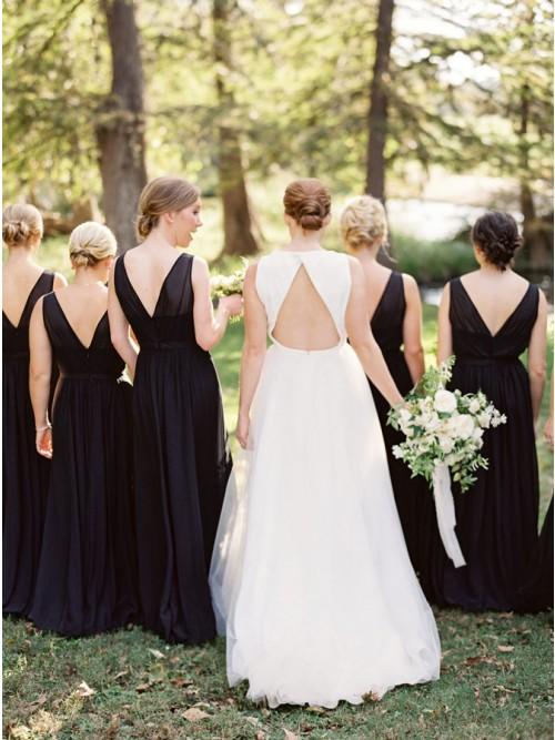A-Line Round Neck Floor-Length Navy Blue Chiffon Bridesmaid Dresses INR93