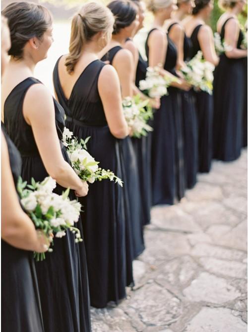 A-Line Round Neck Floor-Length Navy Blue Chiffon Bridesmaid Dresses INR93