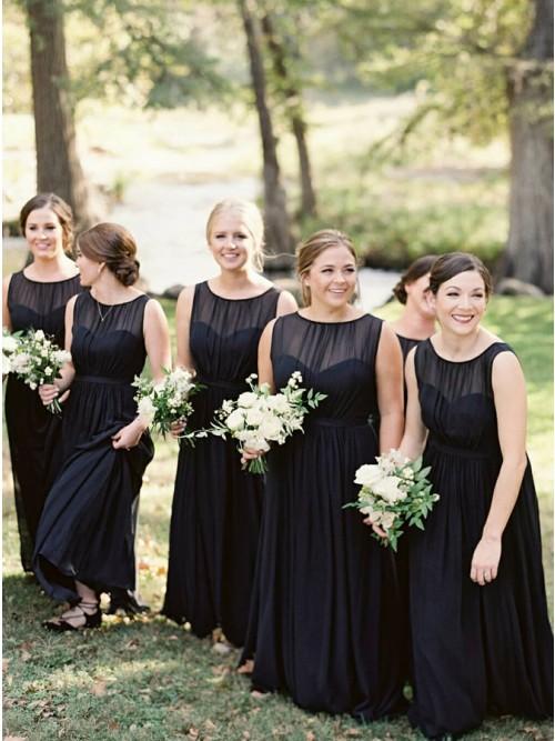A-Line Round Neck Floor-Length Navy Blue Chiffon Bridesmaid Dresses INR93