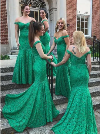 Mermaid Off-the-Shoulder Sweep Train Green Lace Bridesmaid Dresses INR24