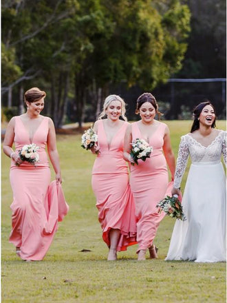 Mermaid V-Neck Sweep Train Pink Satin Simple Bridesmaid Dresses INR28