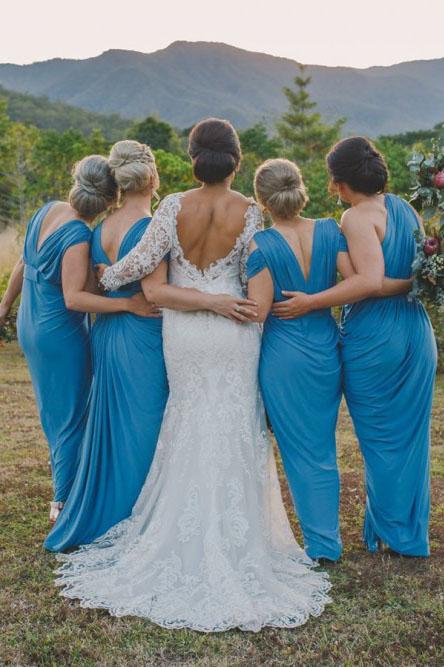 Sheath V-Neck Cold Shoulder Floor-Length Blue Ruched Bridesmaid Dresses INR32