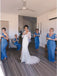 Sheath V-Neck Cold Shoulder Floor-Length Blue Ruched Bridesmaid Dresses INR32