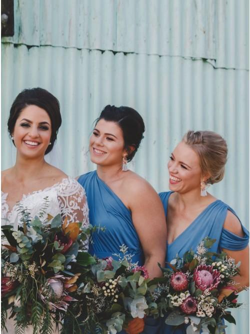 Sheath V-Neck Cold Shoulder Floor-Length Blue Ruched Bridesmaid Dresses INR32