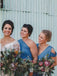 Sheath V-Neck Cold Shoulder Floor-Length Blue Ruched Bridesmaid Dresses INR32