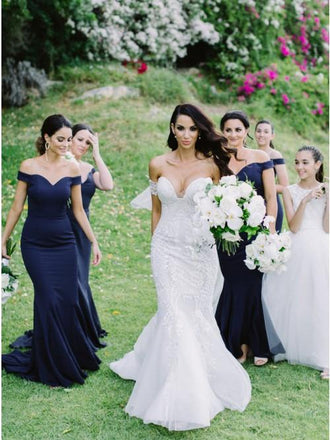 Mermaid Off-the-Shoulder Sweep Train Dark Blue Satin Bridesmaid Dresses INR30
