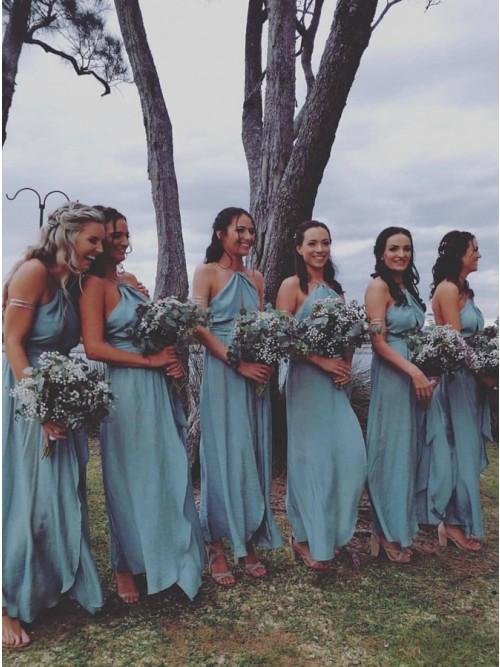 A-Line Cross Neck Backless Ankle-Length Blue Keyhole Chiffon Bridesmaid Dresses INR31