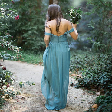 A-Line Off-the-Shoulder Sky Blue Chiffon Long Bridesmaid Dresses ING60