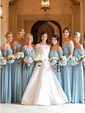 A-Line Cold Shoulder Long Light Blue Chiffon Bridesmaid Dresses with Ruffles INR96