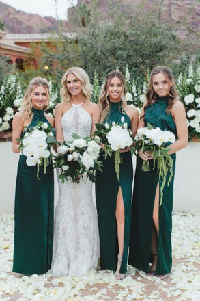 Sheath High Neck Floor-Length Dark Green Long Bridesmaid Dresses with Split INR91