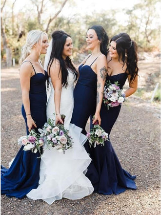 Mermaid Spaghetti Straps Sweep Train Navy Blue Long Bridesmaid Dresses INR25