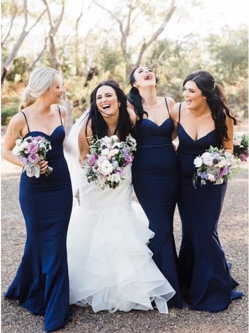 Mermaid Spaghetti Straps Sweep Train Navy Blue Long Bridesmaid Dresses INR25
