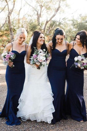 Mermaid Spaghetti Straps Sweep Train Navy Blue Long Bridesmaid Dresses INR25