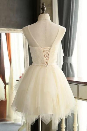 Mini Charming Tulle Short Ivory Backless Prom Dresses Homecoming Dresses For Girls IN307