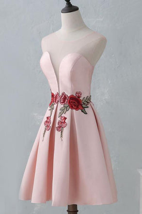 A Line Knee-Length Open Back Pink Satin Homecoming Dress With Flower Appliques IN384