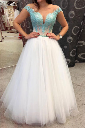 Off White Tulle Lace Appliques Long Prom Dresses A Line Evening Dress INS622