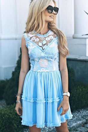 Elegant Jewel Short Cheap Light Blue Tulle Homecoming Party Dresses with Lace INO50
