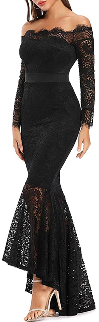 Mermaid Black Elegant Off the Shoulder Long Lace Long Sleeves Sexy Prom Dress IN141