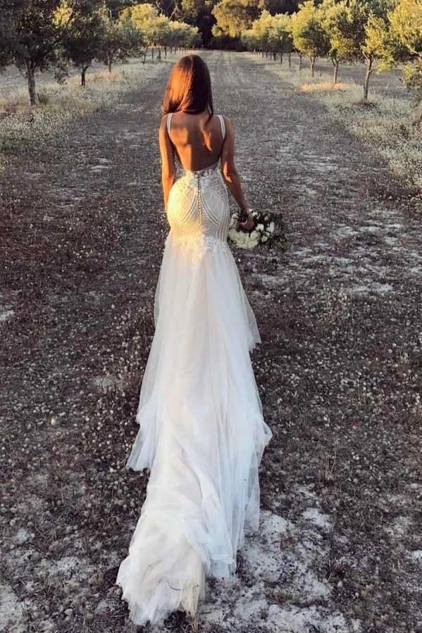 Modest Mermaid Ivory Sexy Sleeveless Lace Wedding Dresses INC82