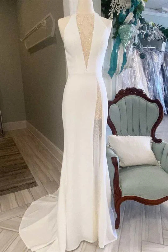 Off White Halter Backless Mermaid Long Wedding Dress Elegant Bridal Dresses IN1908