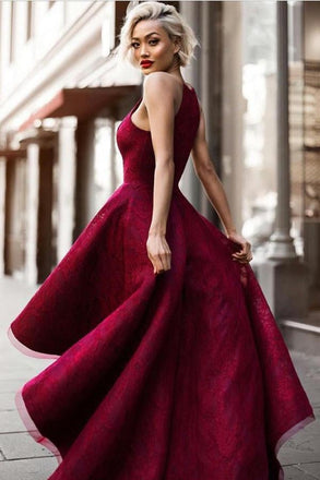 Charming Burgundy A Line Asymmetrical Lace Sleeveless Long Prom Dress INA24