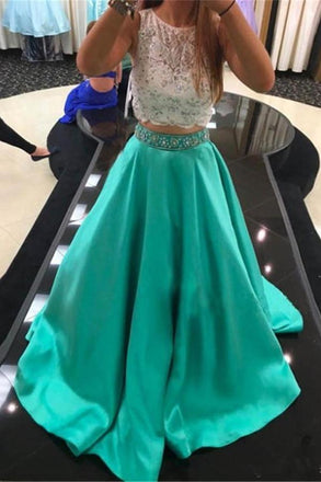 Two Pieces Lace Beading Satin Long HanINade Simple Green Prom Dresses K725