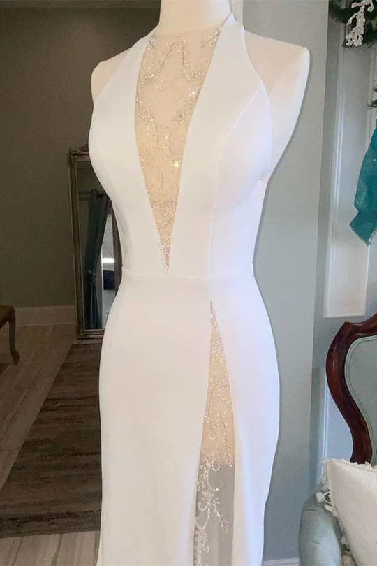 Off White Halter Backless Mermaid Long Wedding Dress Elegant Bridal Dresses IN1908