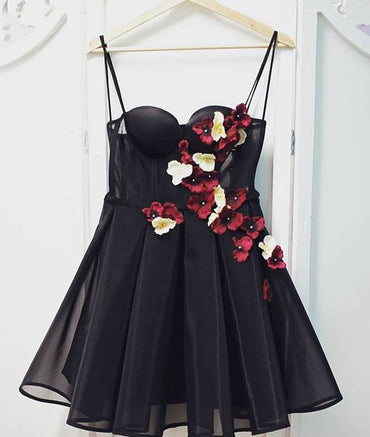 Black Tulle Sweetheart Neck Short Prom Dress, Flowers Homecoming Dress INP57
