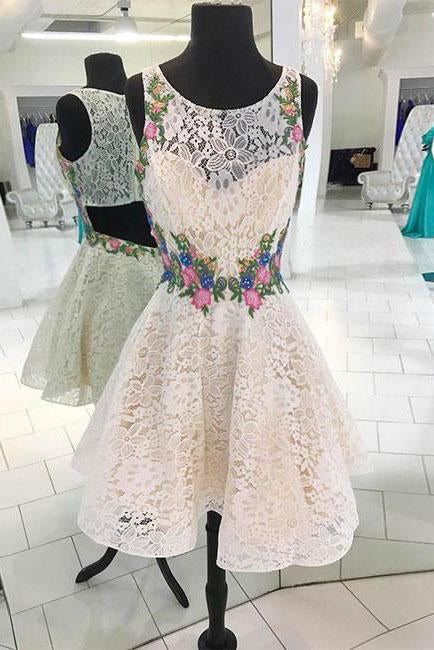 White Lace Short Prom Dress, Floral Appliques homecoming dress INP60