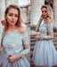 Gray Lace Appliques Tulle Short Prom Dress, Long Sleeves Homecoming Dress INP55