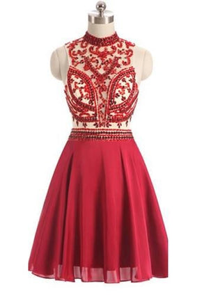 Stunning homecoming dresses, High Neck homecoming dresses,open-back homecoming dresses, Beaded homecoming dress,Sexy homecoming dresses,Short homecoming dress,Red homecoming dress,Keyhole Back Homecoming Dress,homecoming dress