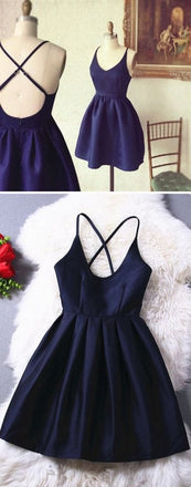 Sweet 16 Dresses,Navy Blue Short Satin Backless Prom Dresses,Simple Homecoming Dresses IN321