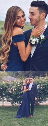 Elegant Navy Blue Off the Shoulder Mermaid Long Prom Dresses INA11