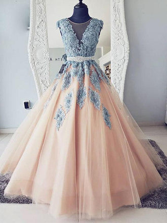 V-neck Blue Lace Ball Gown Long Tulle  Evening Dresses,Cheap Prom Dress ING36